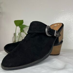 Qupid Black Western Cowgirl Silver Buckle Clog Mule Slide Block Heel 6 fauxsuede